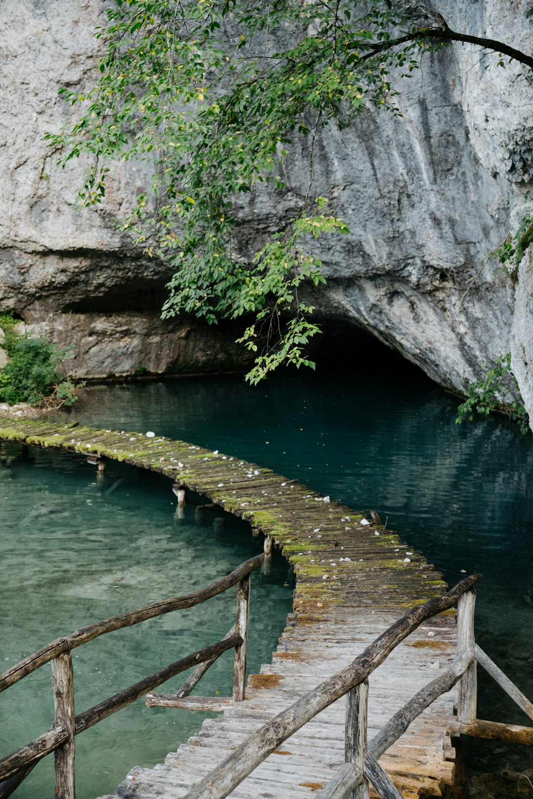 Cascading waterfalls visible from hiking trail at Plitvice