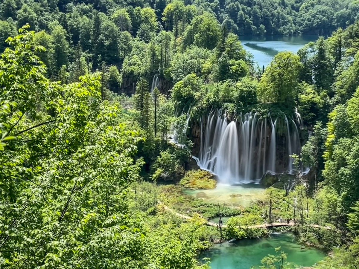 Turquoise lake surrounded by trees at Plitvice Lakes National Park
